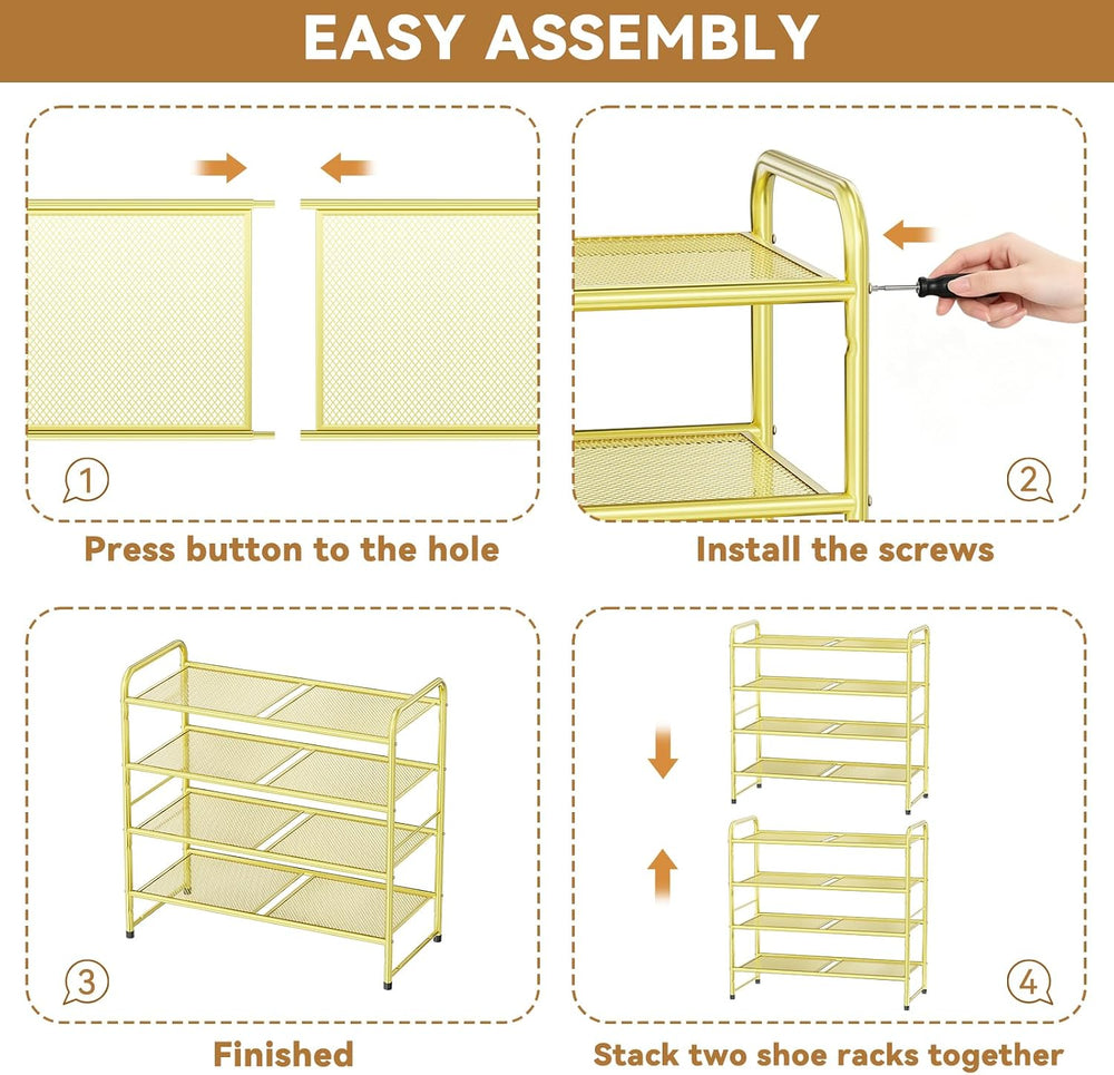 Modern Shoe Rack, 4 Tier Heavy Duty Metal Mesh Shoe Shelf 27 Inch Wide, Gold