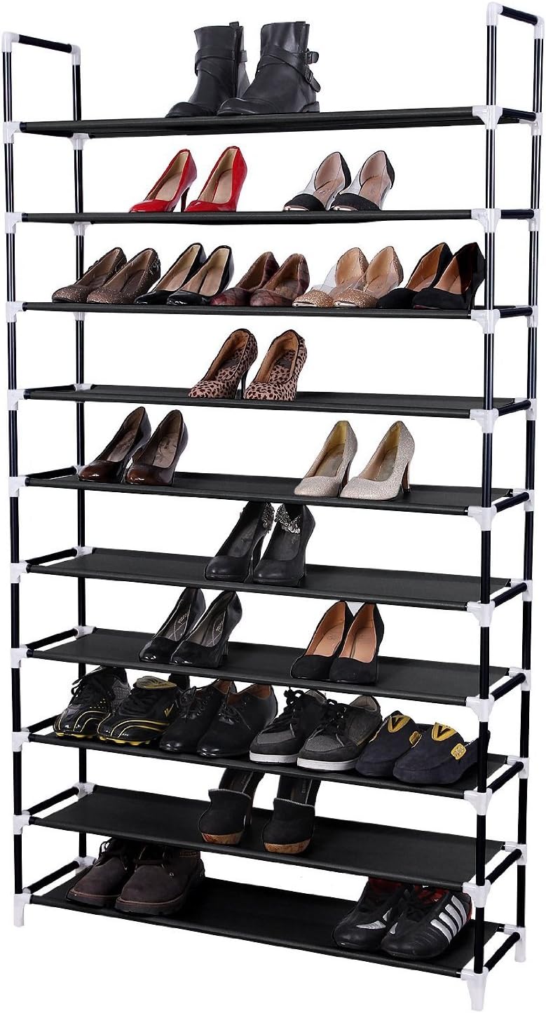 10 Tiers Shoe Rack 50 Pairs Non Woven Fabric Shoe Tower Storage Organizer, Bl...