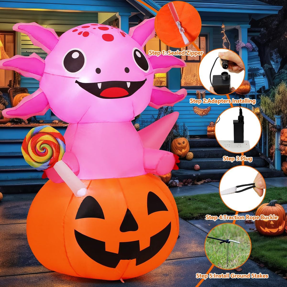 COMIN 5 FT Halloween Inflatables Axolotl Pumpkin Outdoor Decorations Blow Up ...