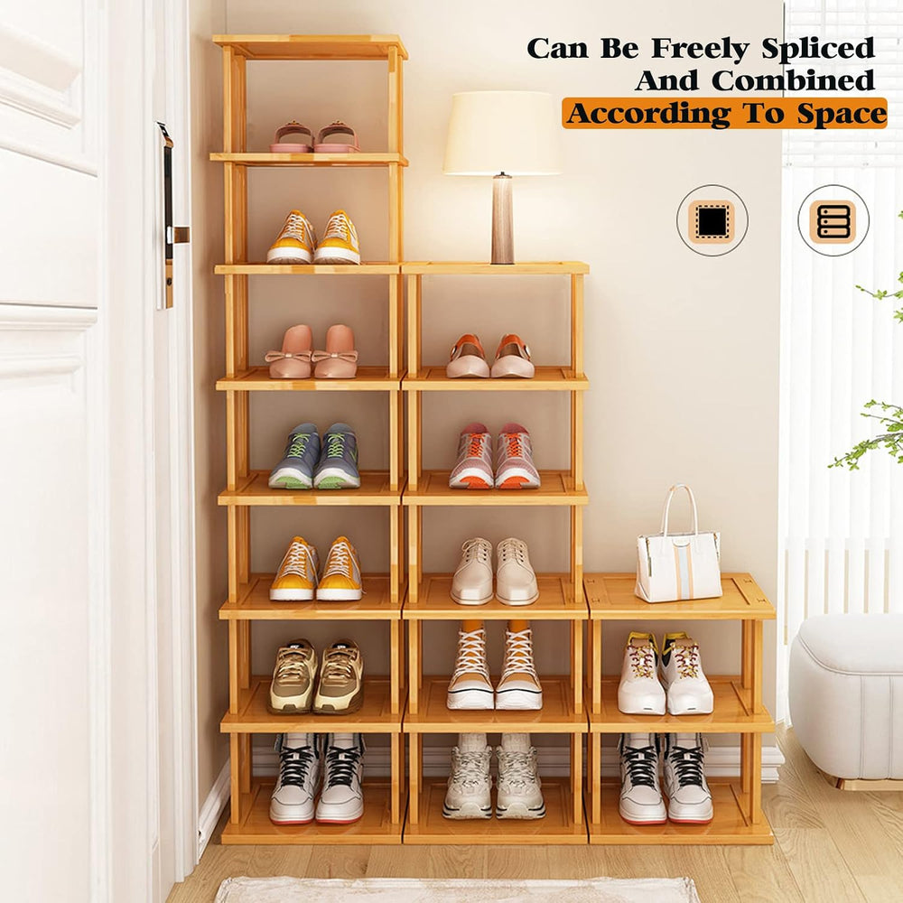 SAN HE Bamboo Shoe Rack 17 Tier- Vertical Shoe Rack for Small Spaces, Tall Na...