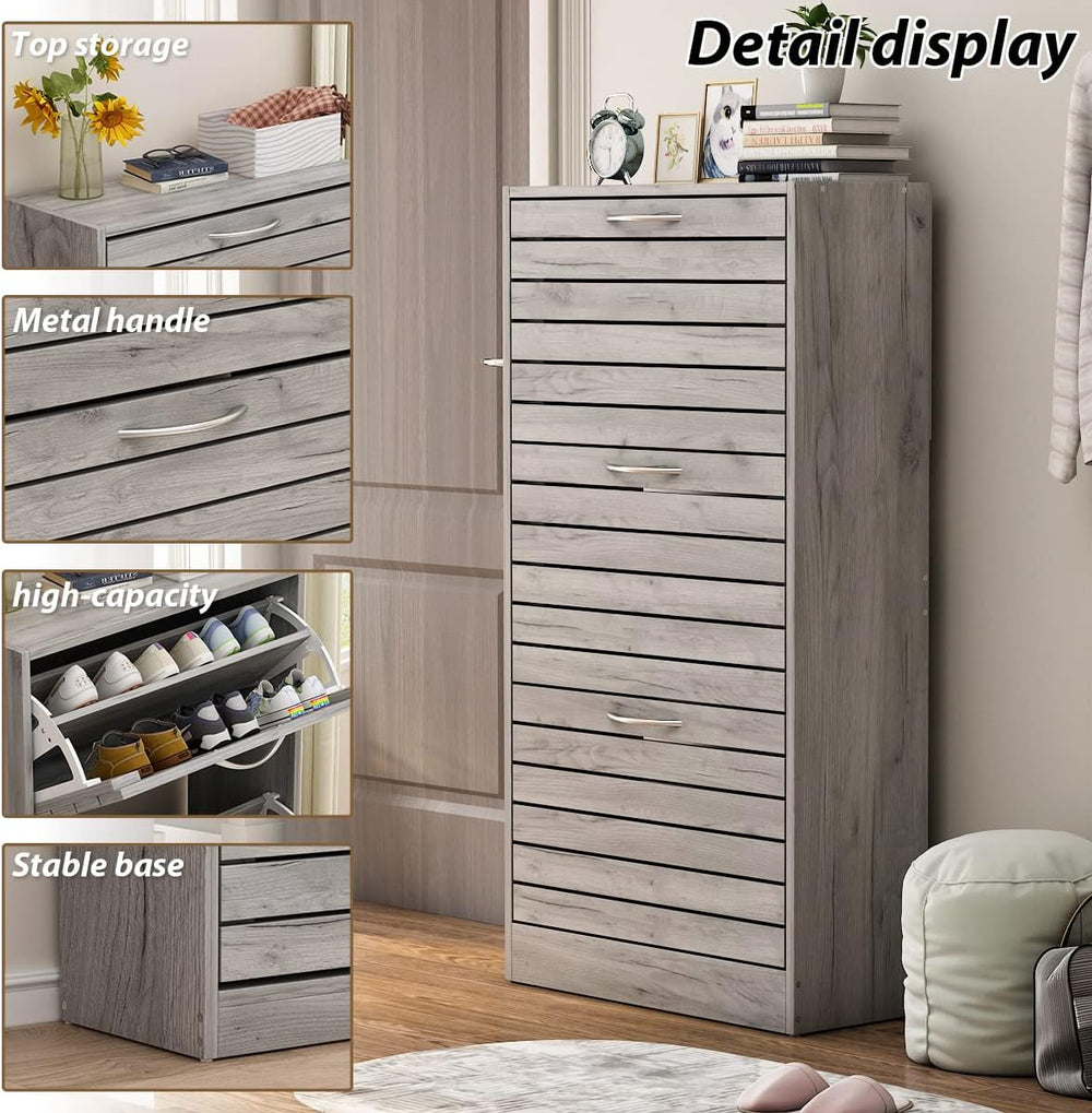 AGOTENI Shoe Cabinet, Grey Narrow Shoe Storage Cabinet with 3 Flip Doors &amp...