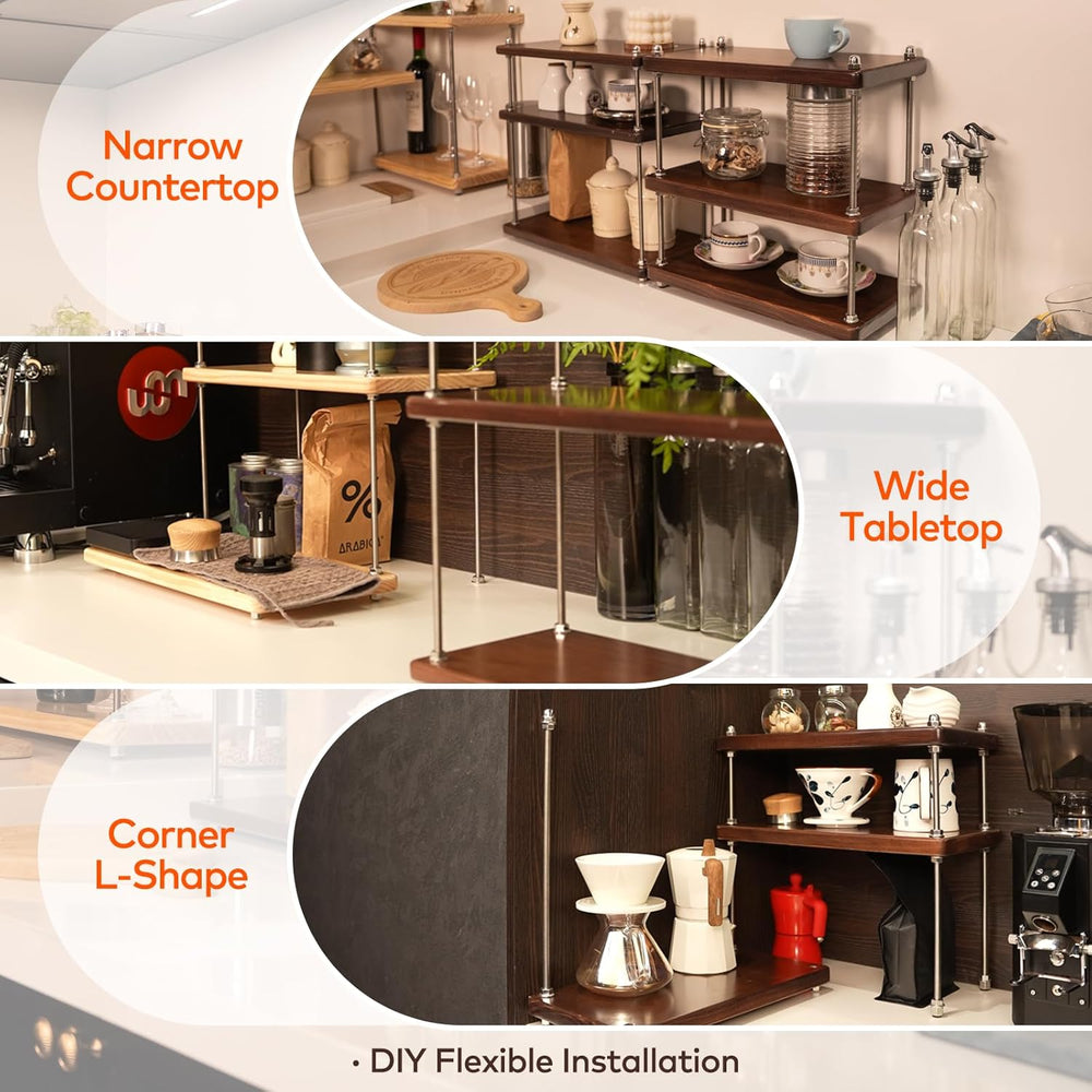 Solid Wood 3 Tier Coffee Bar/Matcha Station Organizer Shelf for Countertop