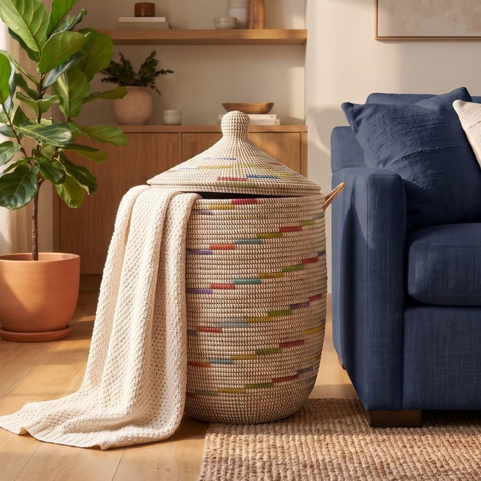 Large Woven Blanket Basket, Multicolor Wicker Storage Basket for Living Room, Towels and Clothes, 18" W x 23" H, Colors on White