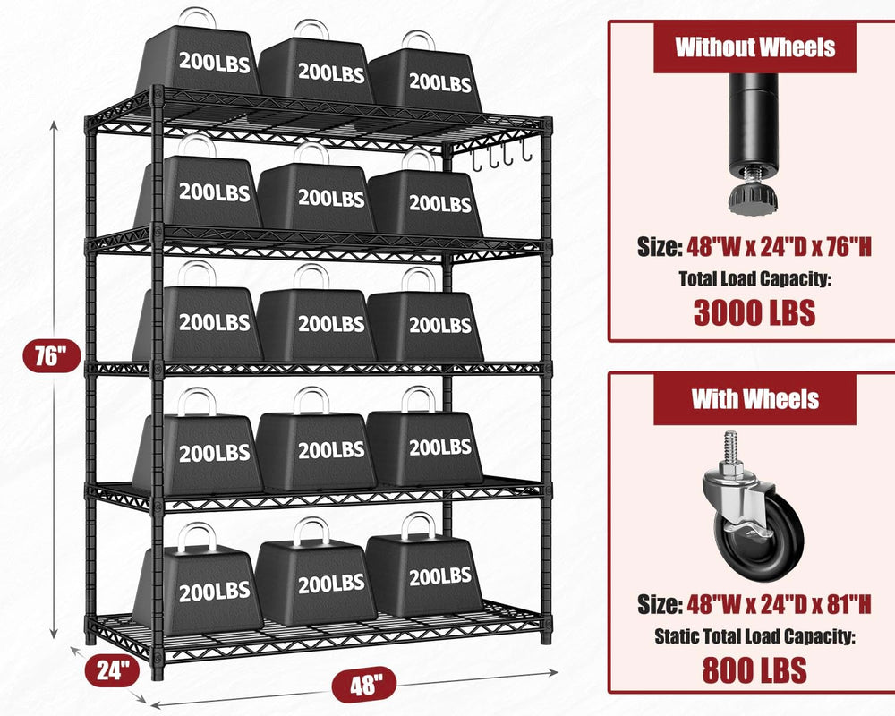 PrimeZone 48"W x 24"D x 81"H Heavy Duty Wire Shelving with Whe...
