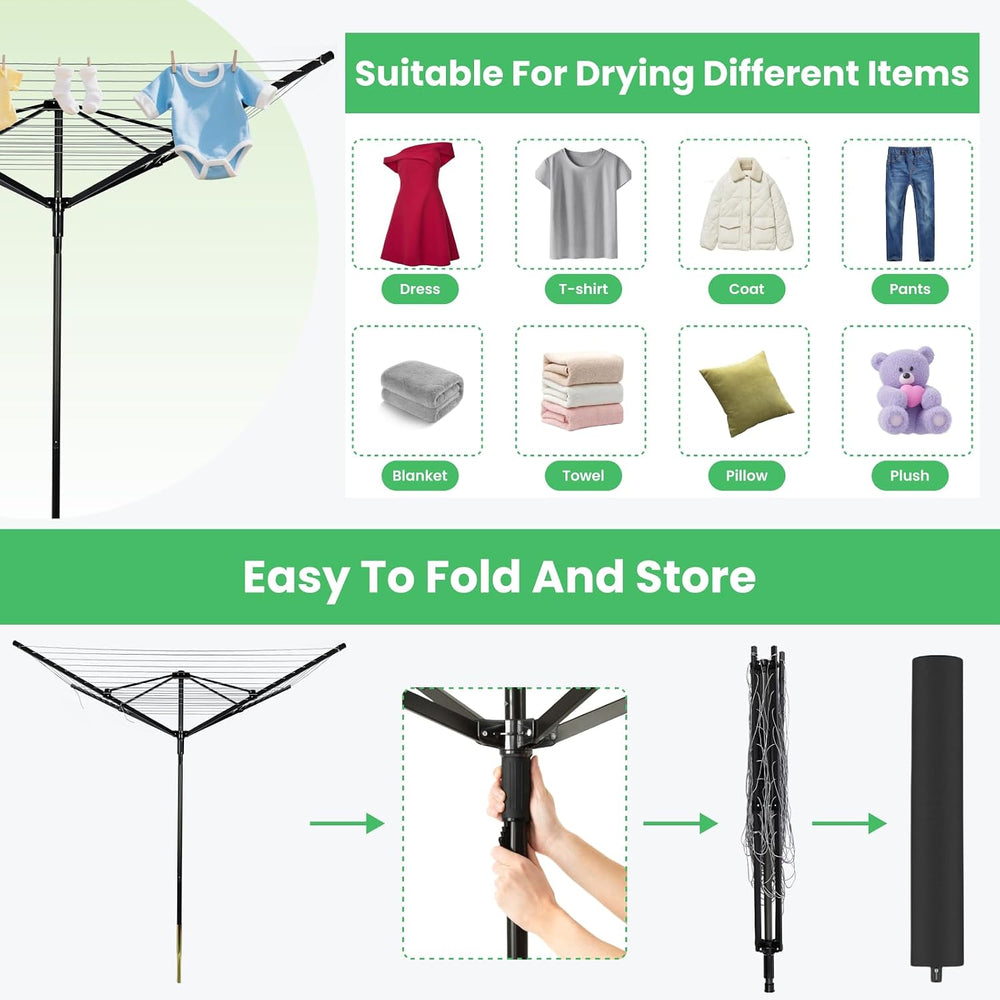Outdoor Umbrella Drying Rack, 4-Aluminum Arms Folding Rotary Dryer with 12 Li...