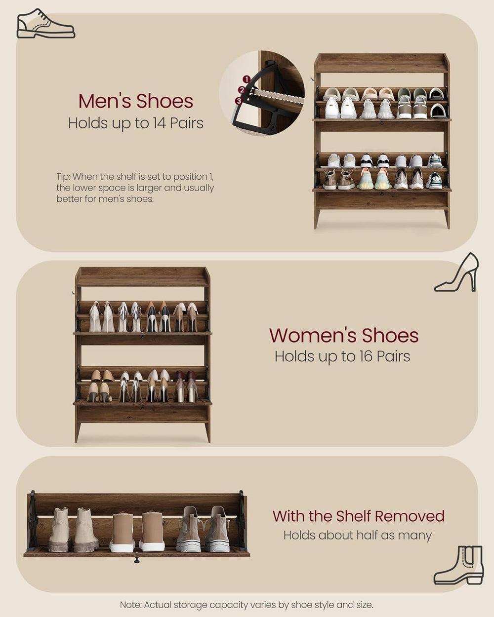 VASAGLE Narrow Shoe Storage Cabinet Organizer with 2 Flip Drawers