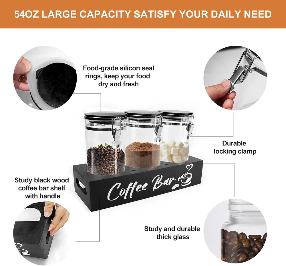 MACIFECI Glass Coffee Containers with Shelf Coffee Station Organizer 54oz Bla...