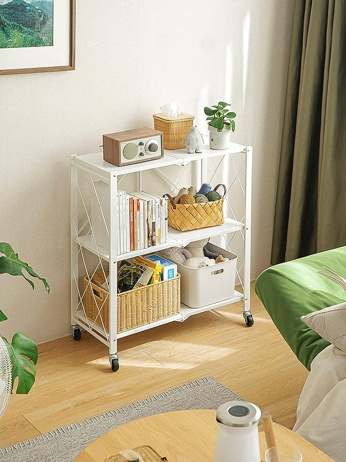 3-Tier Foldable Standing Shelf Units with Wheels, Industrial Style, Heavy Duty Metal Storage Shelves for Home, Kitchen, Bedroom
