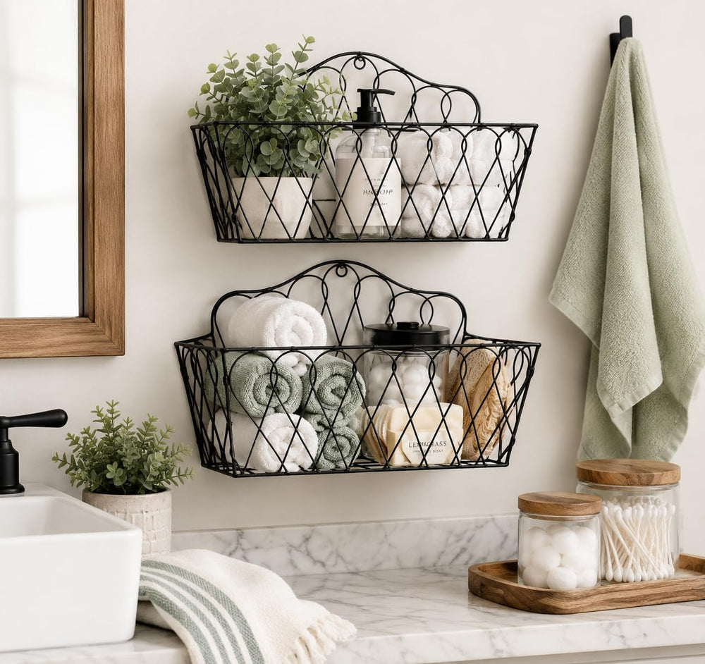 Farmhouse Hanging Wall Storage Baskets Set of 2, Metal Wire Wall-Mounted Bask...