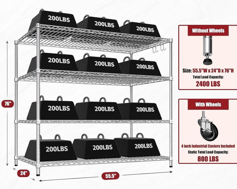 PrimeZone 4 Tier NSF Steel 55.5" Wx24 Dx76 H Wire Shelving 2400lbs