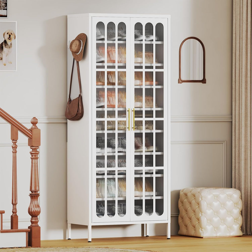 9-Tier Tall Metal Shoe Cabinet with Doors & Hooks, 67" Large Shoe St...