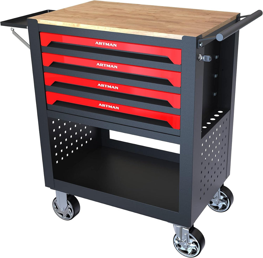 Lockable 4-Drawer Rolling Tool Chest with Wooden Top Workbench