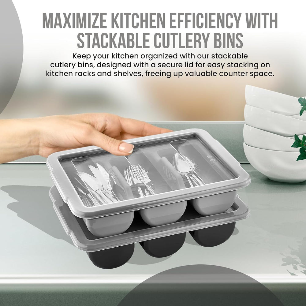 2 Pack - Cutlery Bin with Lid, Commercial 3-Compartment Flatware Tray with Co...