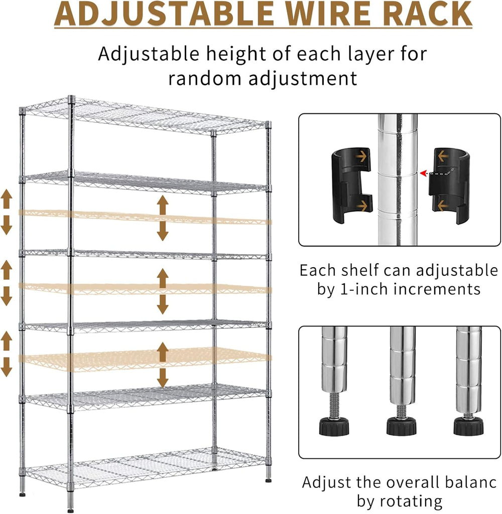 Wire Shelving Unit with Wheels, 6 Tier Adjustable Storage Shelves