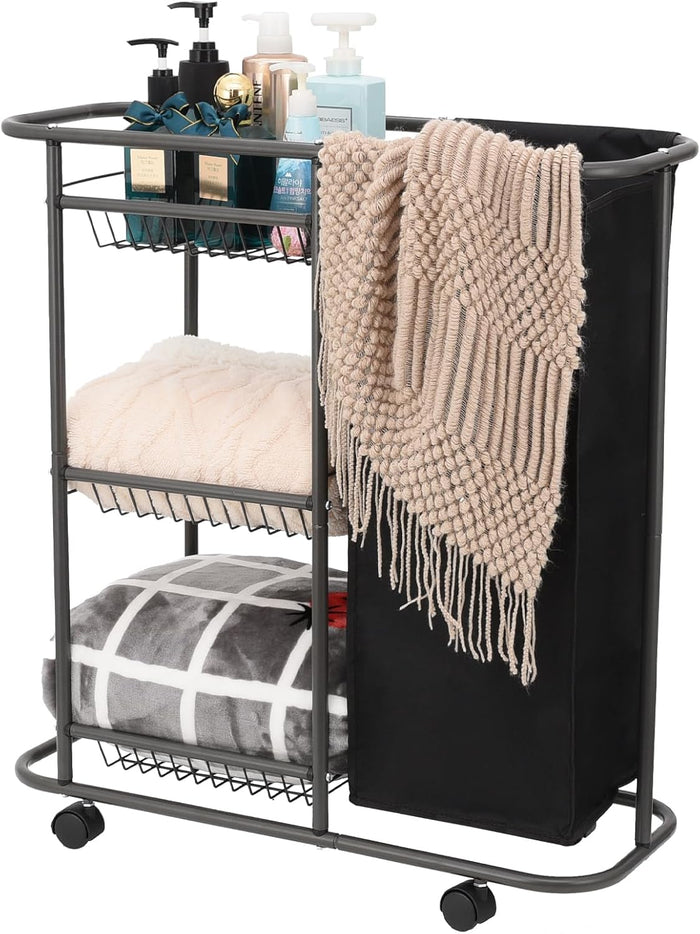 3-Tier Rolling Laundry Cart with Wheels and 45L Bag, Black
