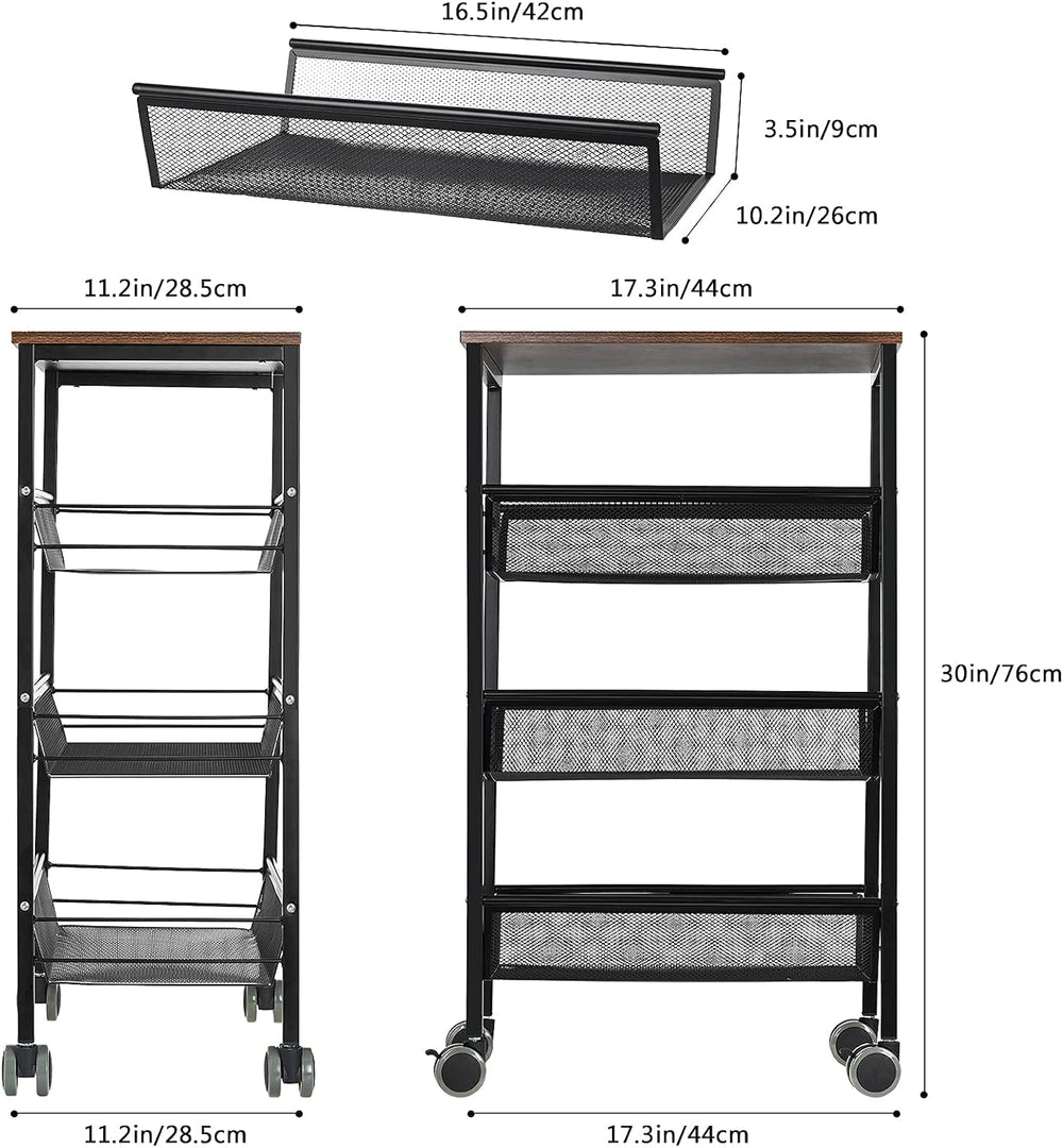 MOOACE Kitchen Cart on Wheels, 3-Tire Metal Mesh Rolling Utility Cart with Wo...