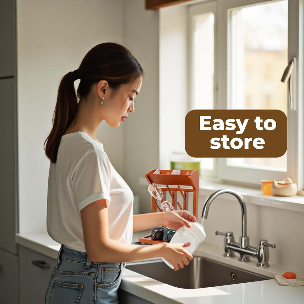 Brown Vertical Bottle Drying Rack Rubber Wood 9 Hooks, Use for Bottles, Cups,...