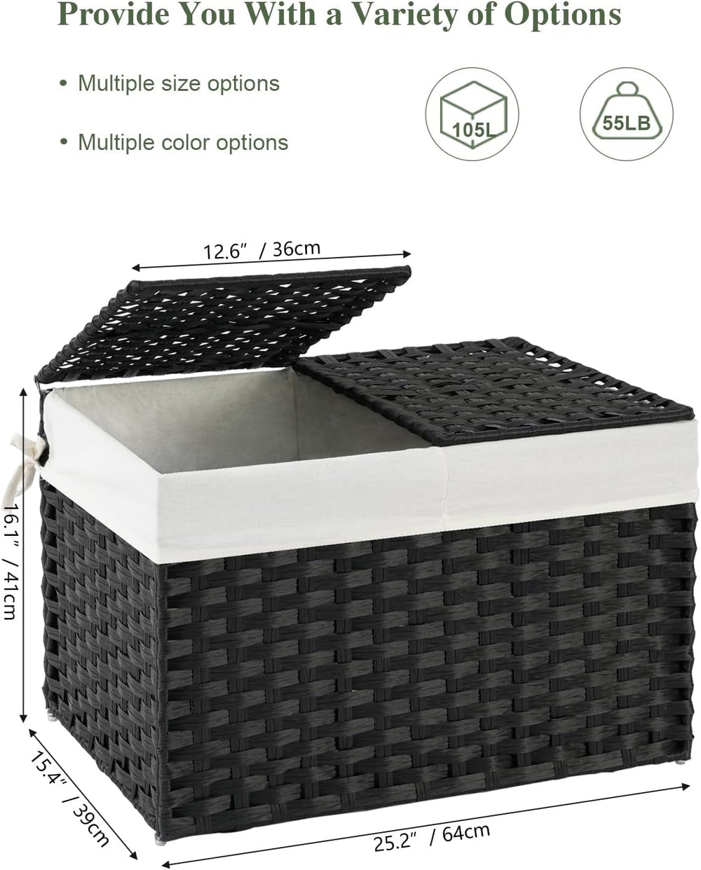 SETVSON Storage Basket with Lid PE Rattan Storage Basket 105L, Black
