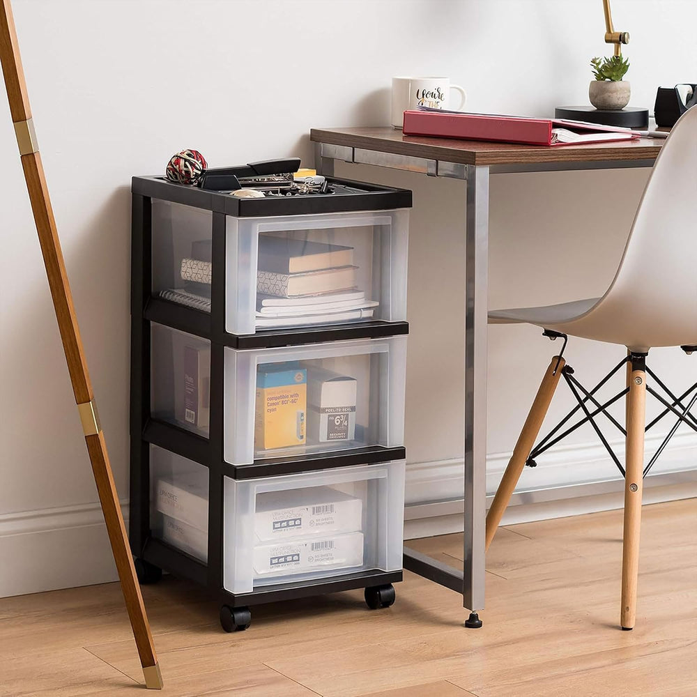 IRIS USA 3-Drawer Rolling Storage Cart, Black/Clear