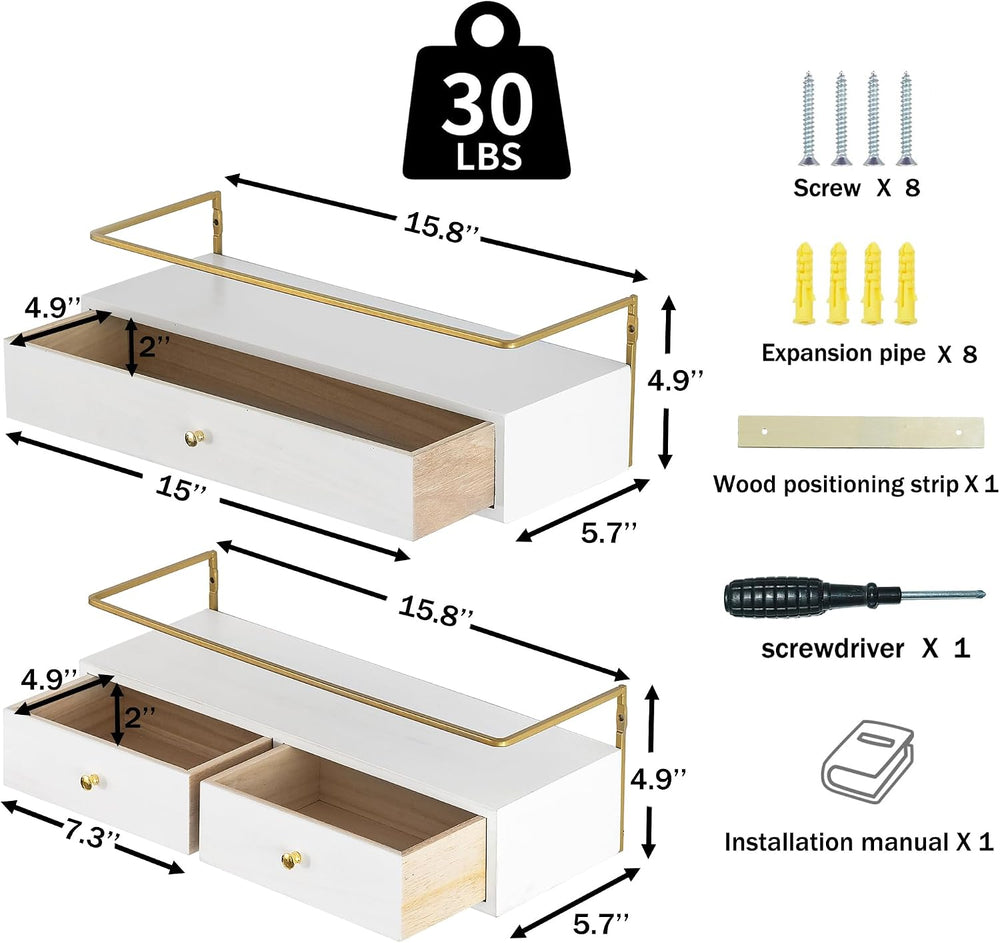 Dreampossible Floating Shelves With Drawers Set of 2 - Wall Mounted Storage f...