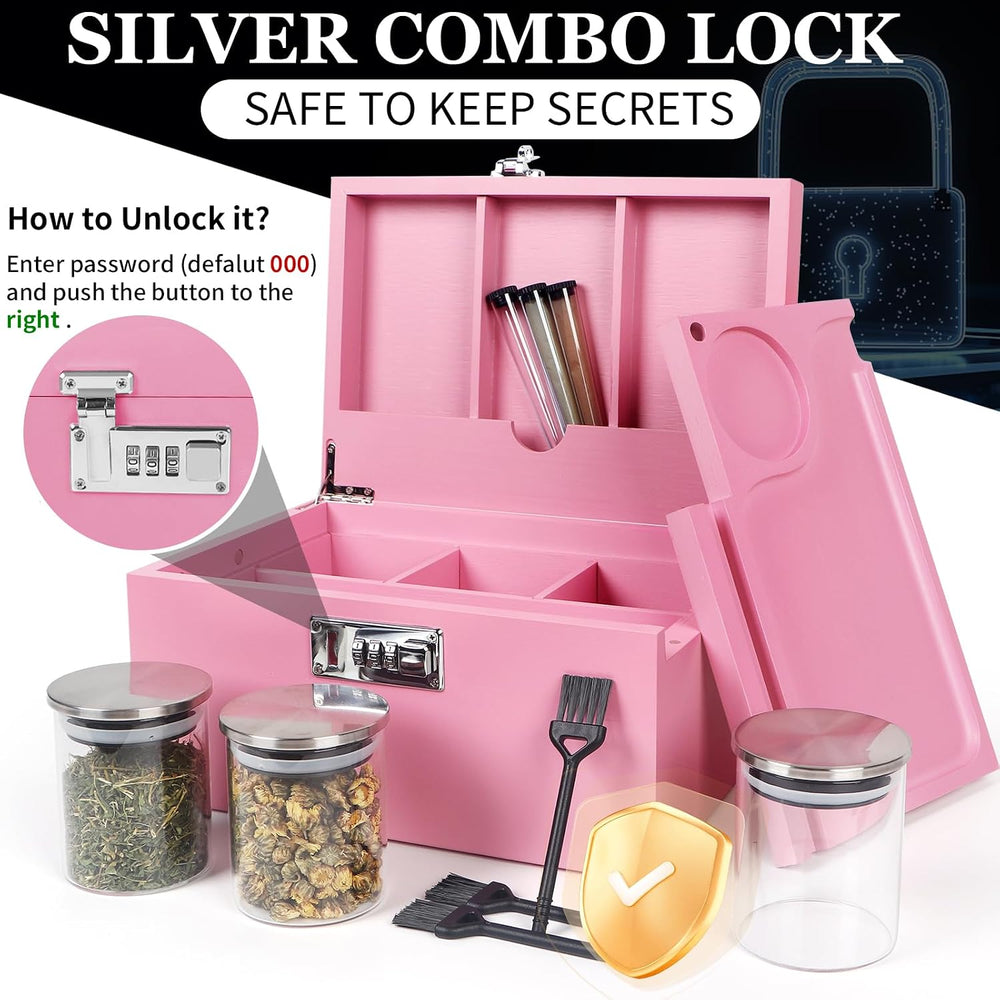 Large Pink Bamboo Box with Combination Lock, Decorative Storage Box with Deta...