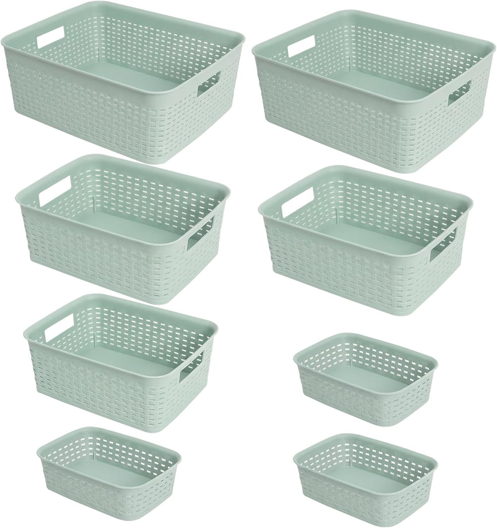 8 Pcs Plastic Storage Basket for Closet, Kitchen, Bathroom (Green，2L+2M+1S+3XS)