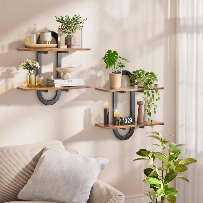 Arched Floating Shelves Set of 2, 15" Vintage Distressed Wall Mounted Shelves with Capsule Frame, Rustic Burnt Wood Hanging Shelves for Bathroom, Living Room, Kitchen, Brown