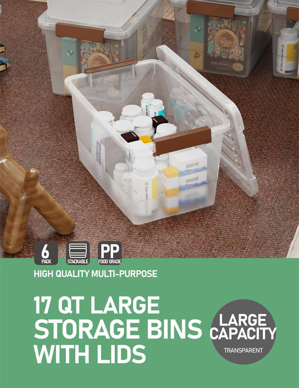 WYT 6 Pack 17qt Clear Plastic Storage Bin with Lid and Latching Buckles, Stac...