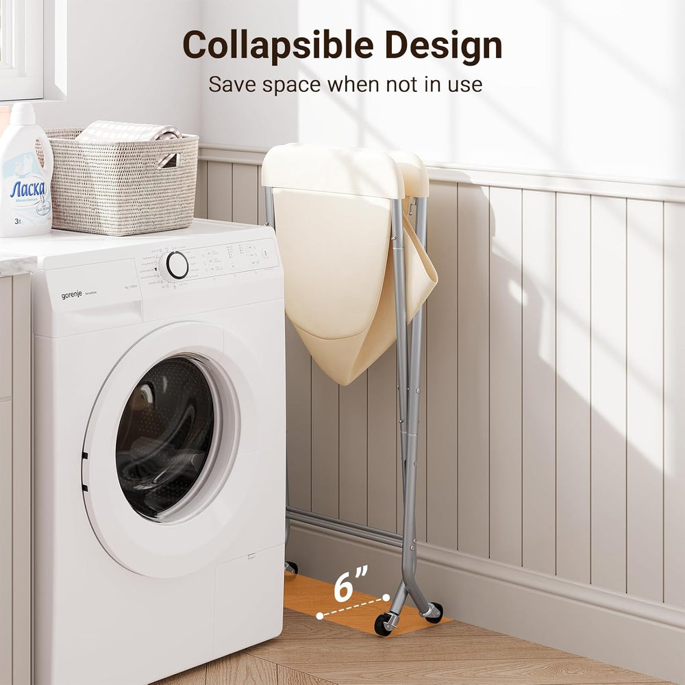 ELYKEN Laundry Basket with Wheels, Collapsible Laundry Hamper, Cream