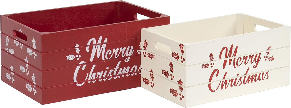 Red Co. Set of 2 Red and White Decorative Nesting Wooden Merry Christmas Stor...