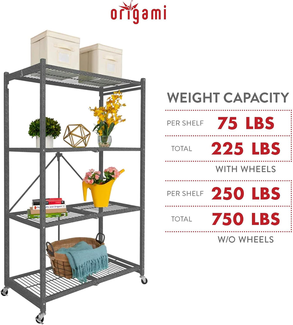 Origami 3-Pack R5 Storage Rack, 4-Tier Heavy-Duty Foldable Steel Shelf with W...