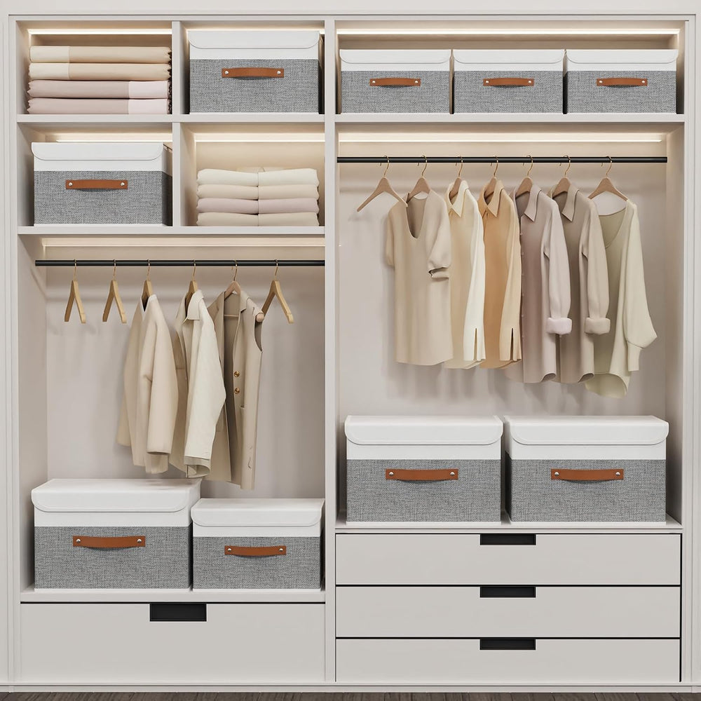 Yawinhe Fabric Storage Boxes with Lids,White/Grey,15.0x9.8x9.8in,5-Pack