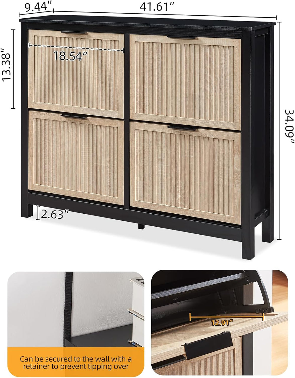 4-Flip Drawer Shoe Cabinet Narrow Entryway Rack, Oak & Black