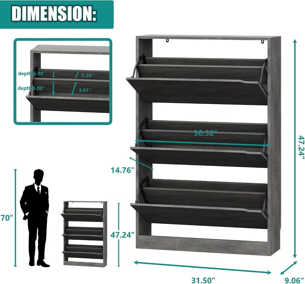Xixini Shoe Storage Cabinet for Entryway with 3 Flip Drawers, Sturdy Wood Hid...