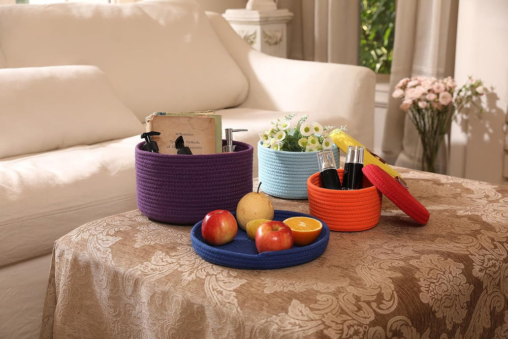 Set of 3 Small Woven Baskets with Lids, Cotton Rope Round Nesting Storage Bas...