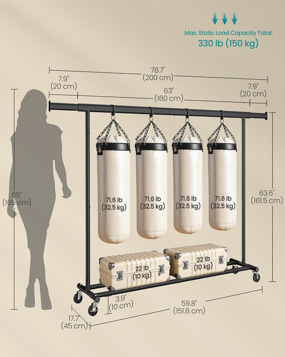 SONGMICS Clothes Rack with Wheels, Heavy-Duty, 330 lb Load Capacity