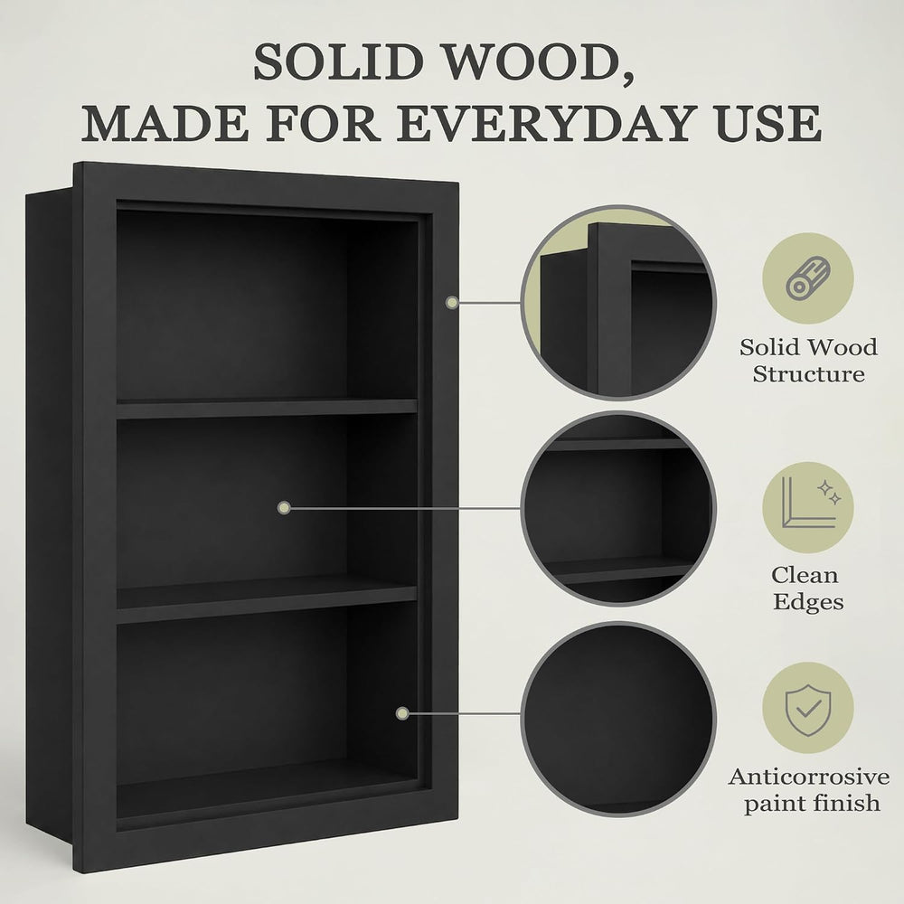 14" x 24" Recessed Medicine Cabinet with 3-Tiers Shelves, Solid Woo...
