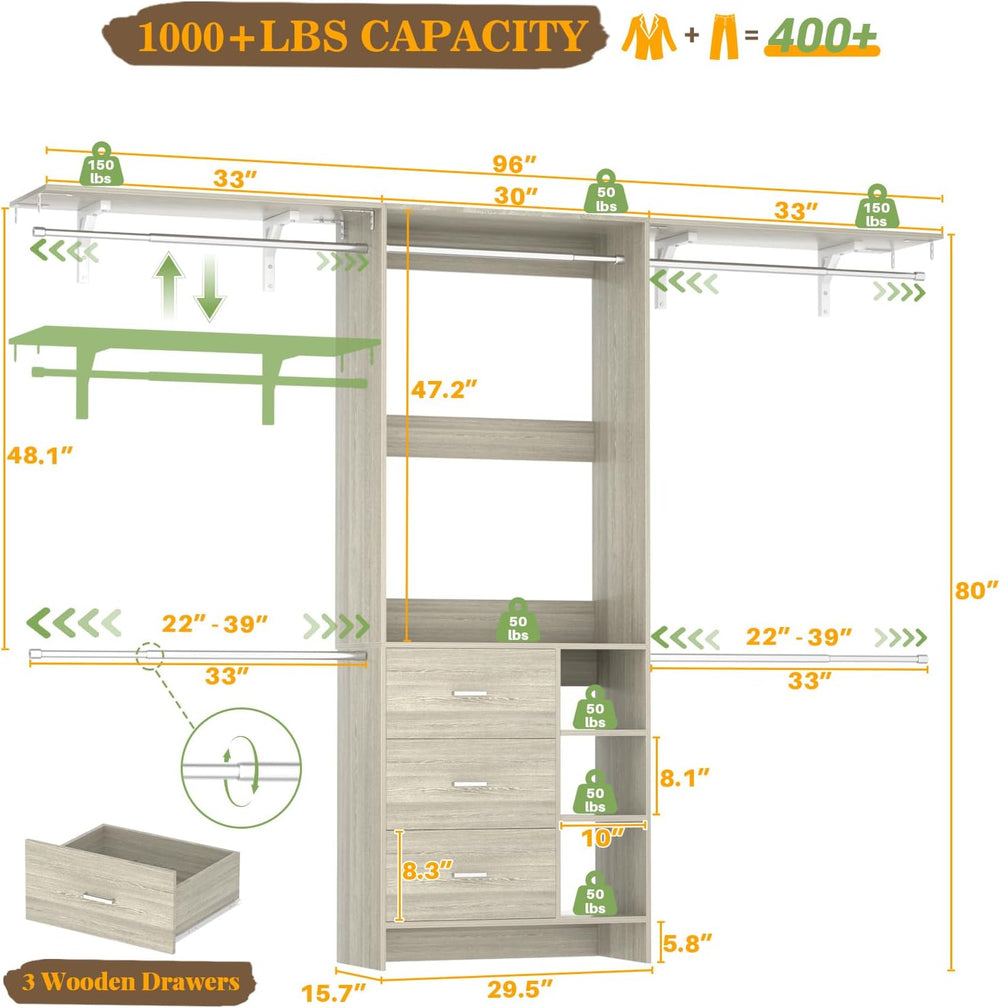 Aheaplus Closet System - 8FT Organizer with 3 Wooden Drawers, Fits 5.3-9 ft W...