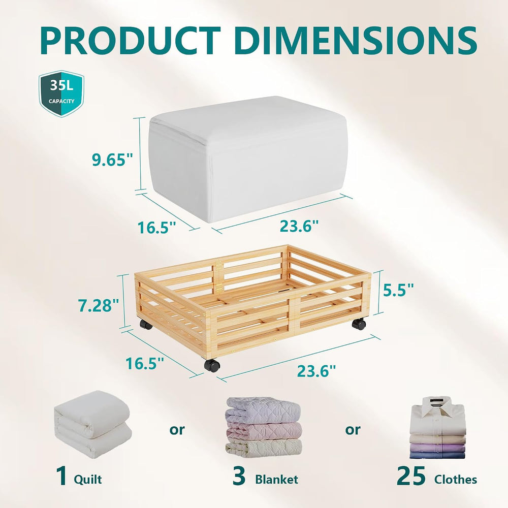 Bamboo Under Bed Storage with Wheels Rolling Underbed Drawer with Lids