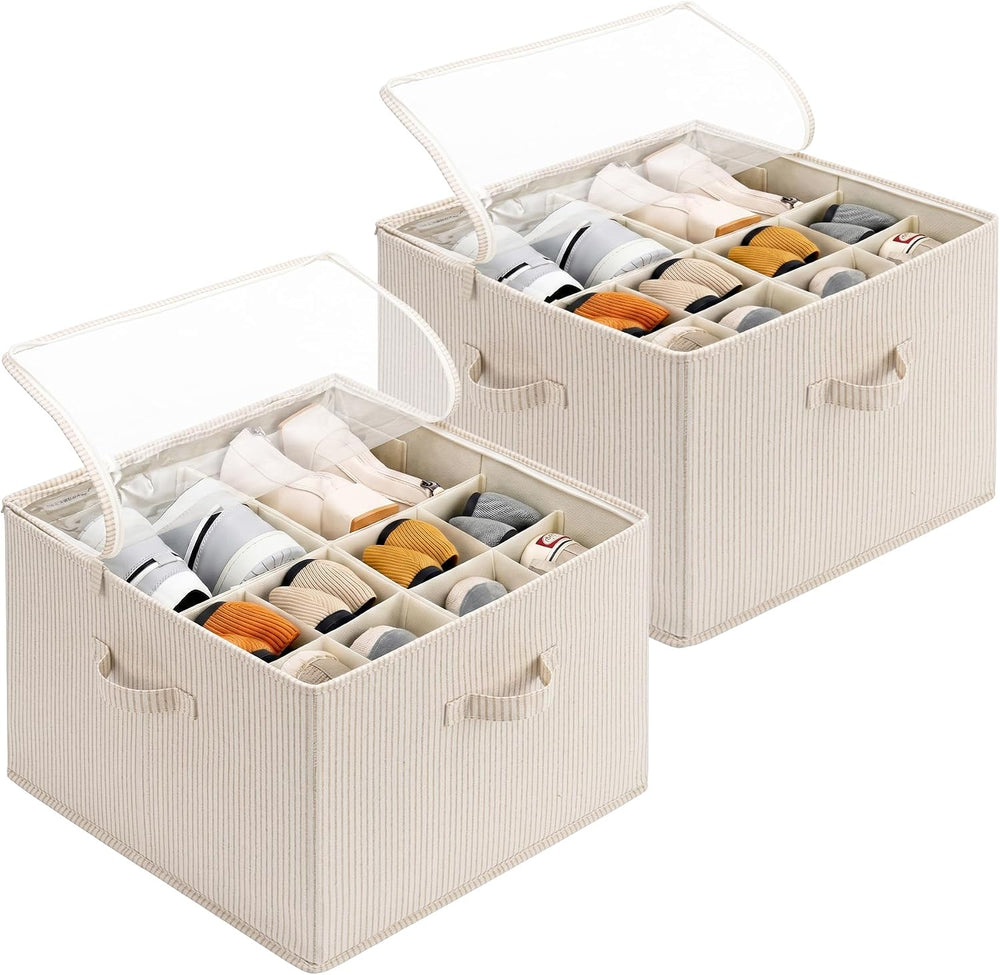 StorageWorks 2-Pack 32-Pair Shoe Organizer Bins, Khaki and Beige Stripes