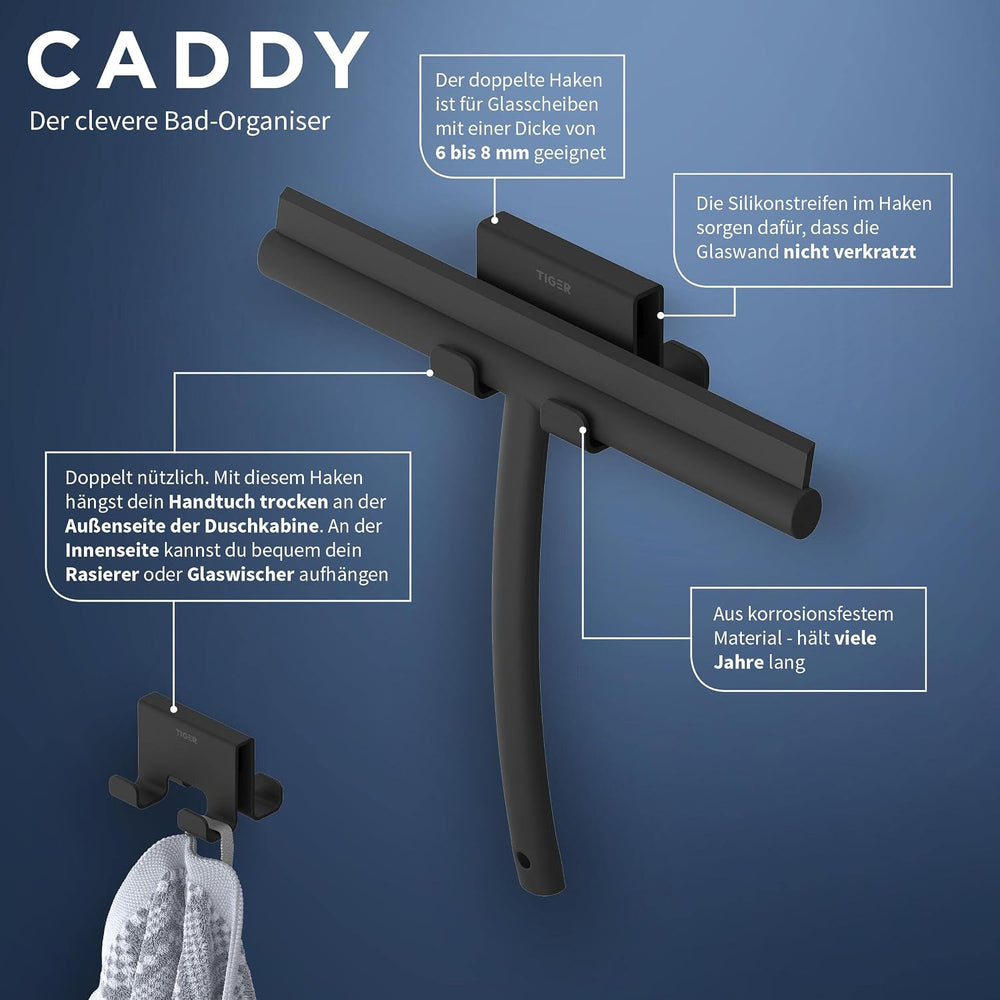 Tiger Caddy Towel Hook for Shower Enclosure 6-8 mm Double, 5,6 x 7 x 5 cm, Black