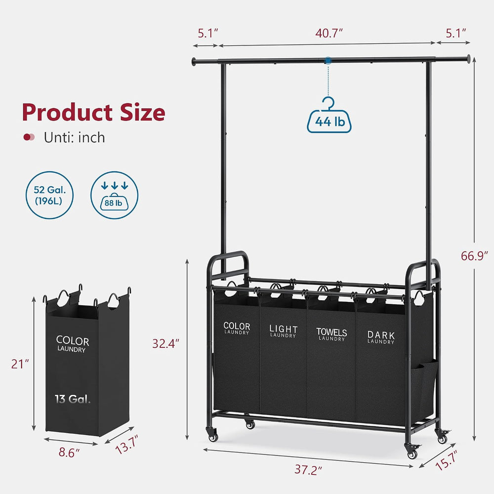 Tajsoon Laundry Sorter with Hanging Bar, 4 Section Laundry Hamper, Black