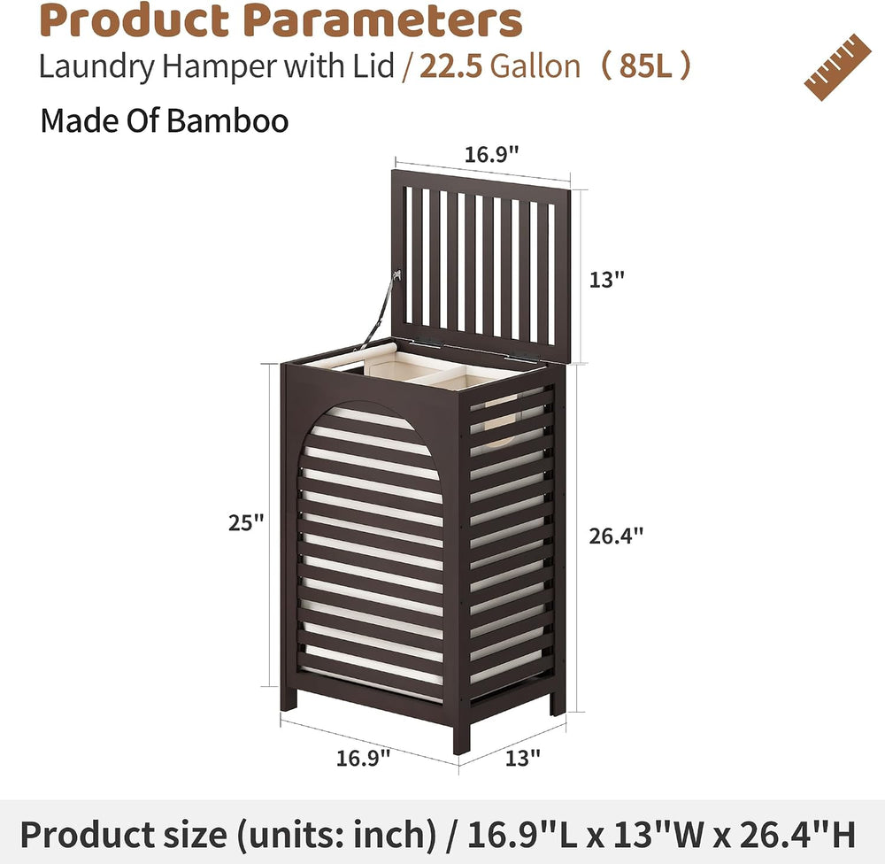 Laundry Hamper with Lid (16.9 * 13 * 26.5inches) Large Bamboo Laundry Bin Bas...