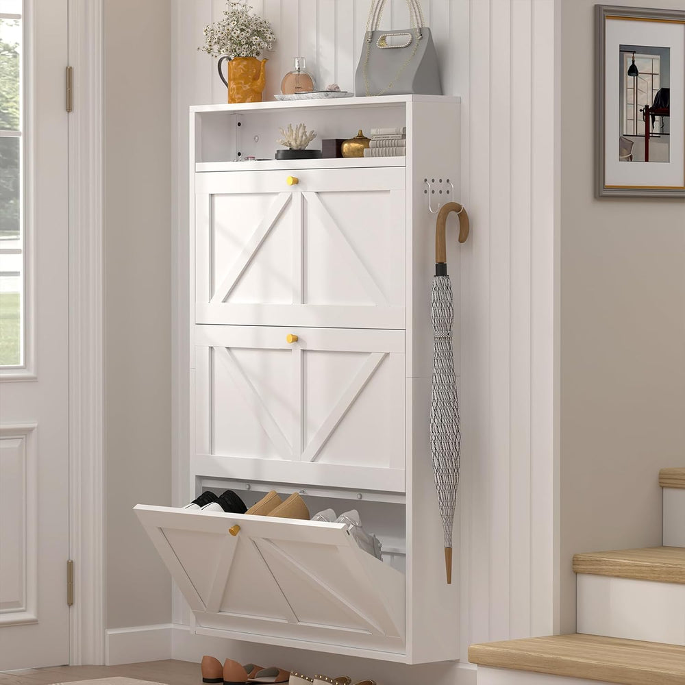 Modern Slim Shoe Organizer, 3 Flip Shoe Cabinet with Open Storage, Narrow Sho...