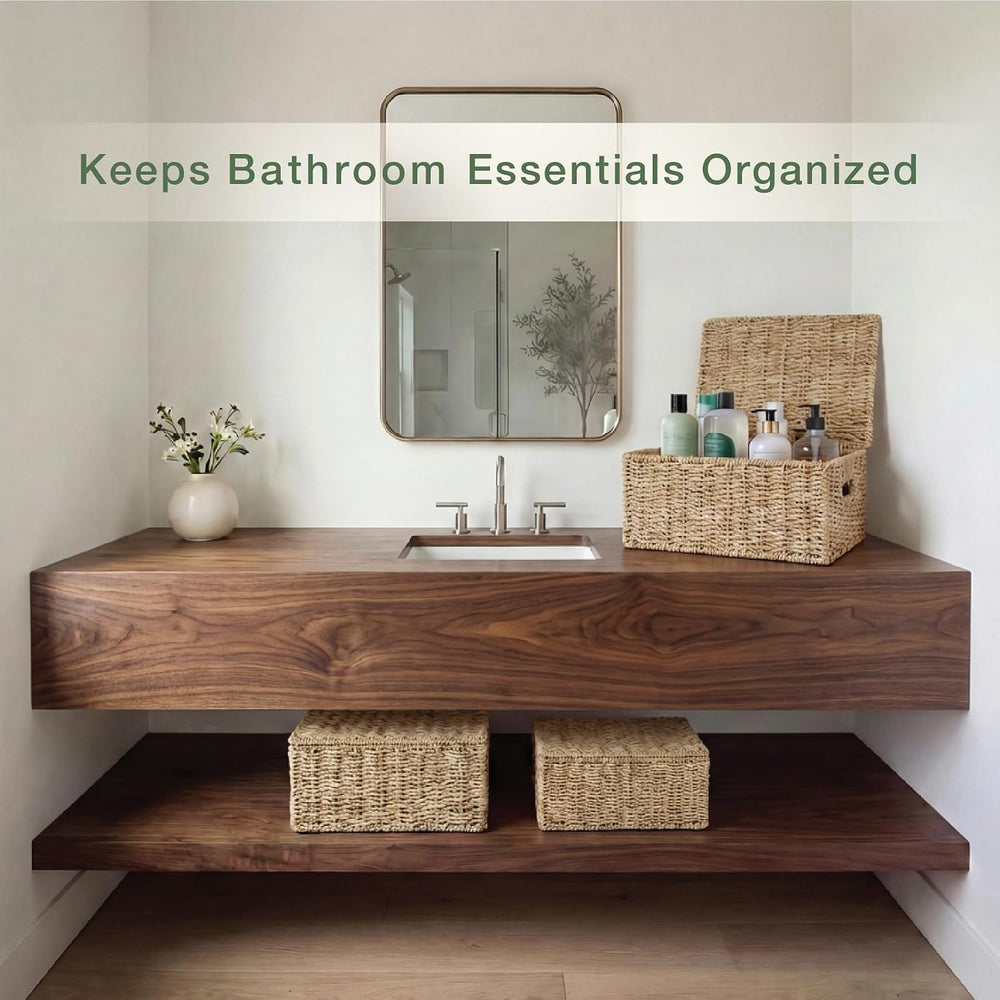 Set of 3 Seagrass Storage Baskets with Lid
