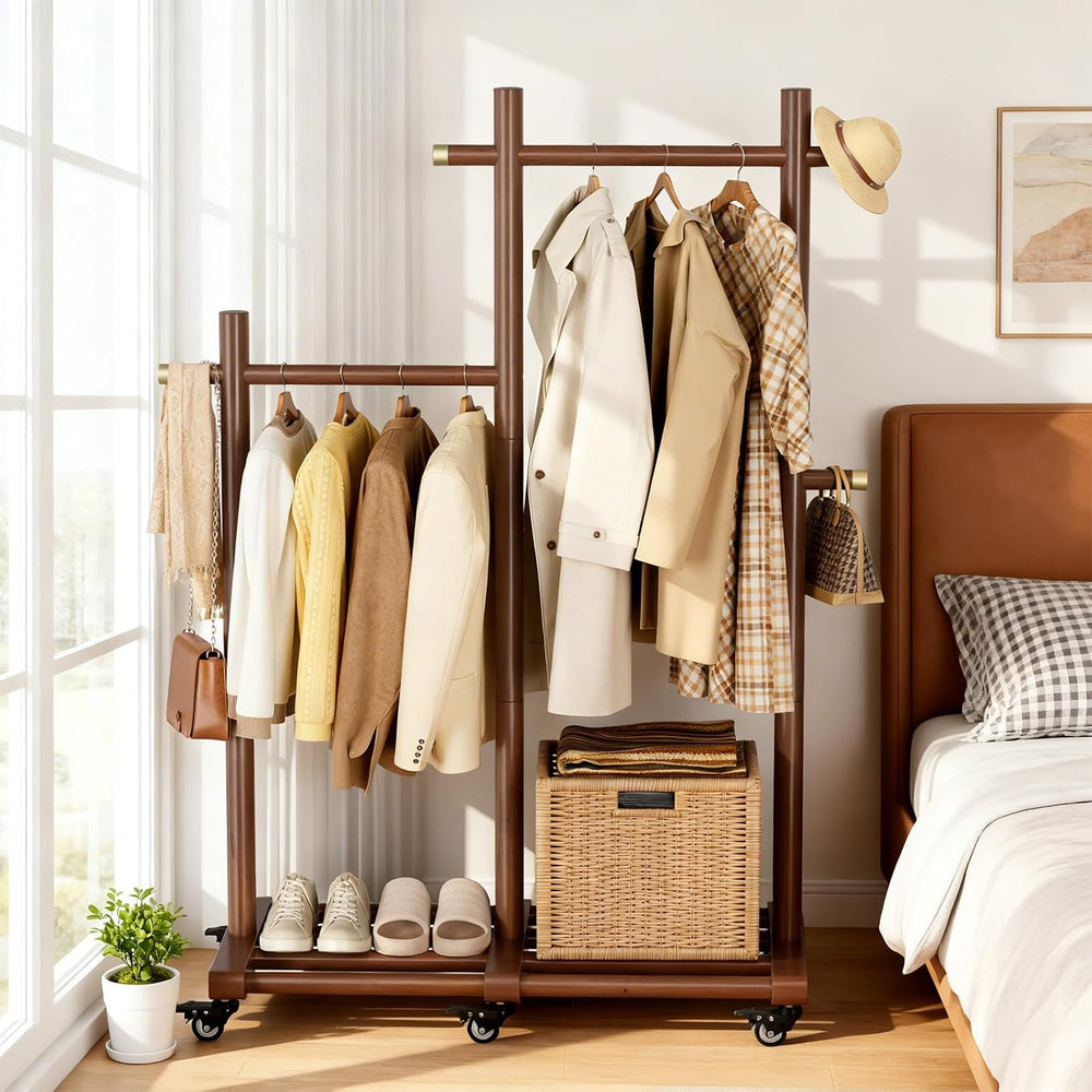 Wooden Clothing Rack, Double Pole Clothes Rack with 4 Hooks & 6 Wheels