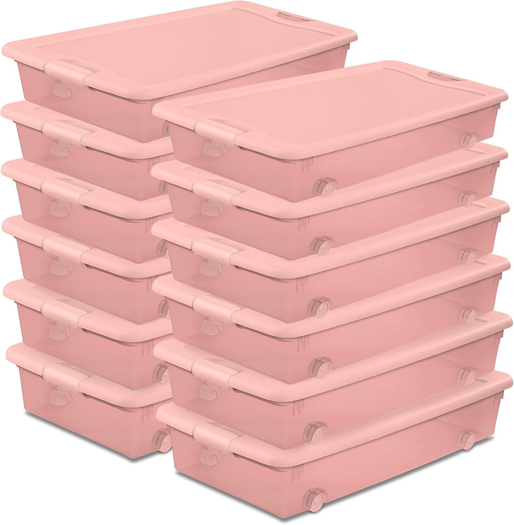 Sterilite 12 Pack Wheeled Under Bed Storage Container, 56 Qt Plastic Bin w/La...