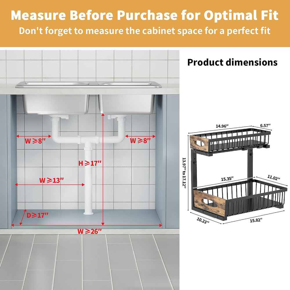2 Pack Metal Under Sink Organizer with Sliding Drawer, Black