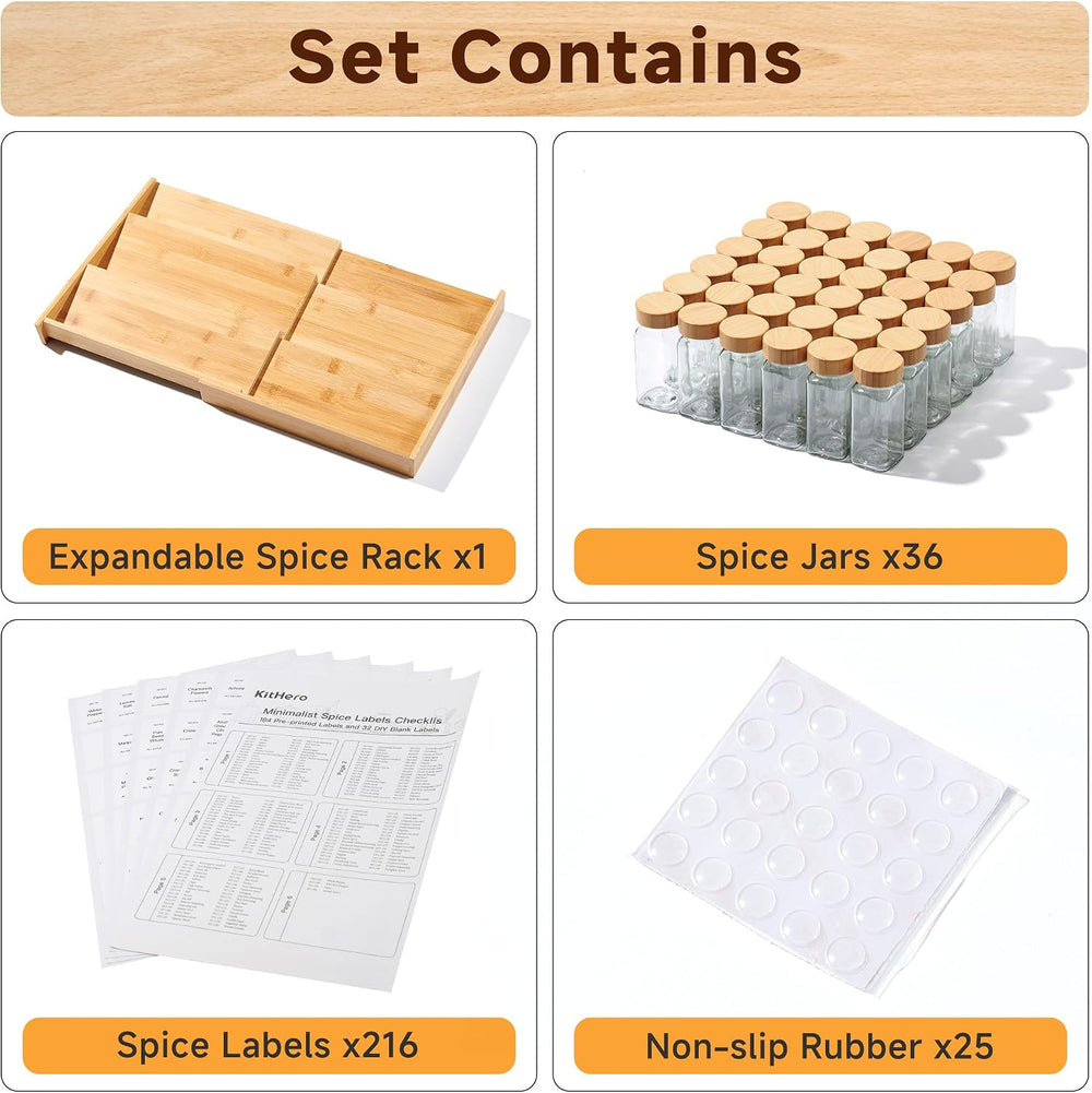 3-Tier Expandable Bamboo Spice Drawer Organizer, Adjustable Width 12" to...