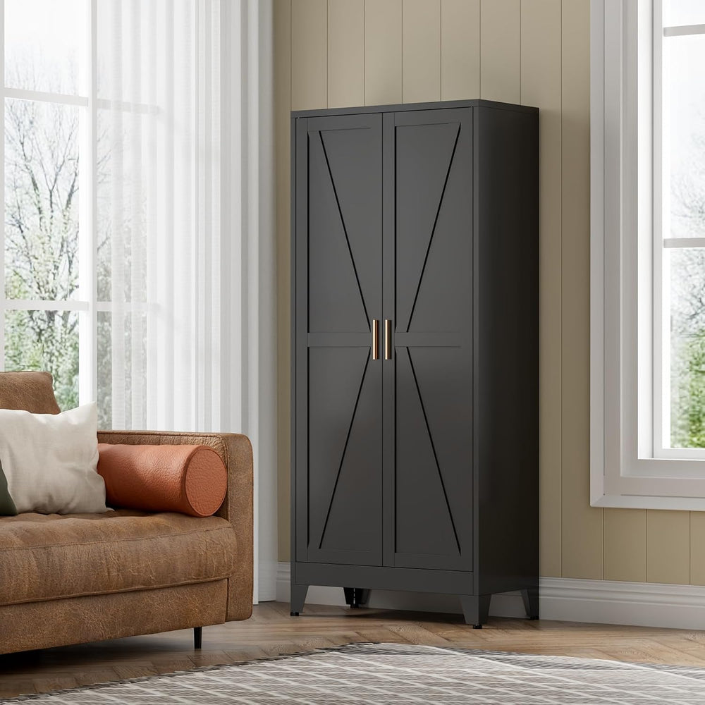 COFaR Black Farmhouse Storage Kitchen Pantry Cabinet with 2 Barn Door, 3 Adju...